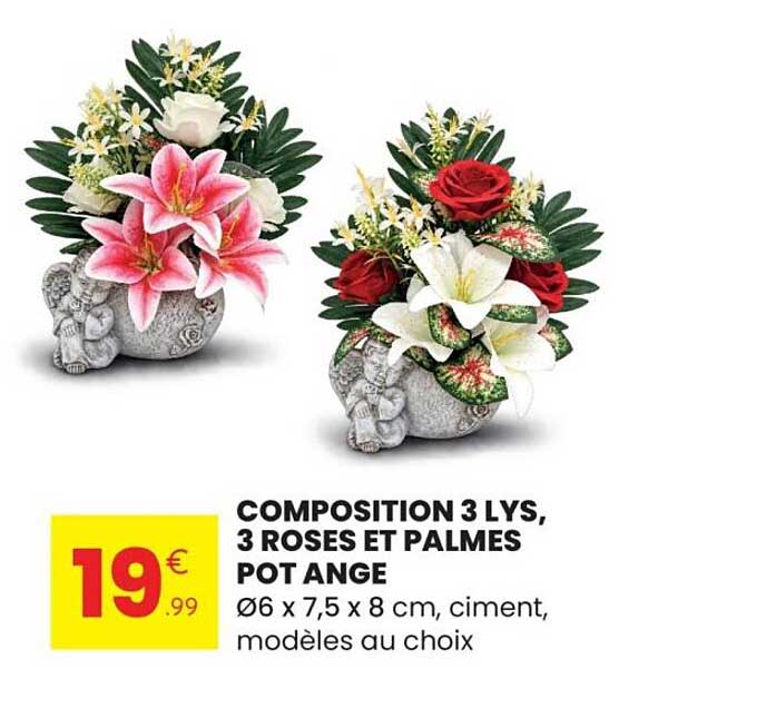 COMPOSITION 3 LYS, 3 ROSES ET PALMES POT ANGE
