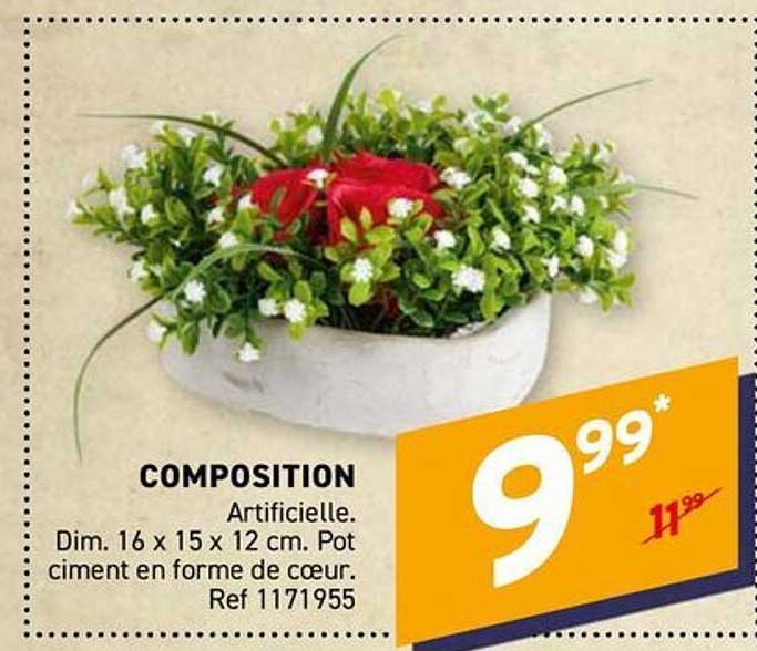 COMPOSITION Artificielle. Dim. 16 x 15 x 12 cm. Pot ciment en forme de cœur. Ref 1171955