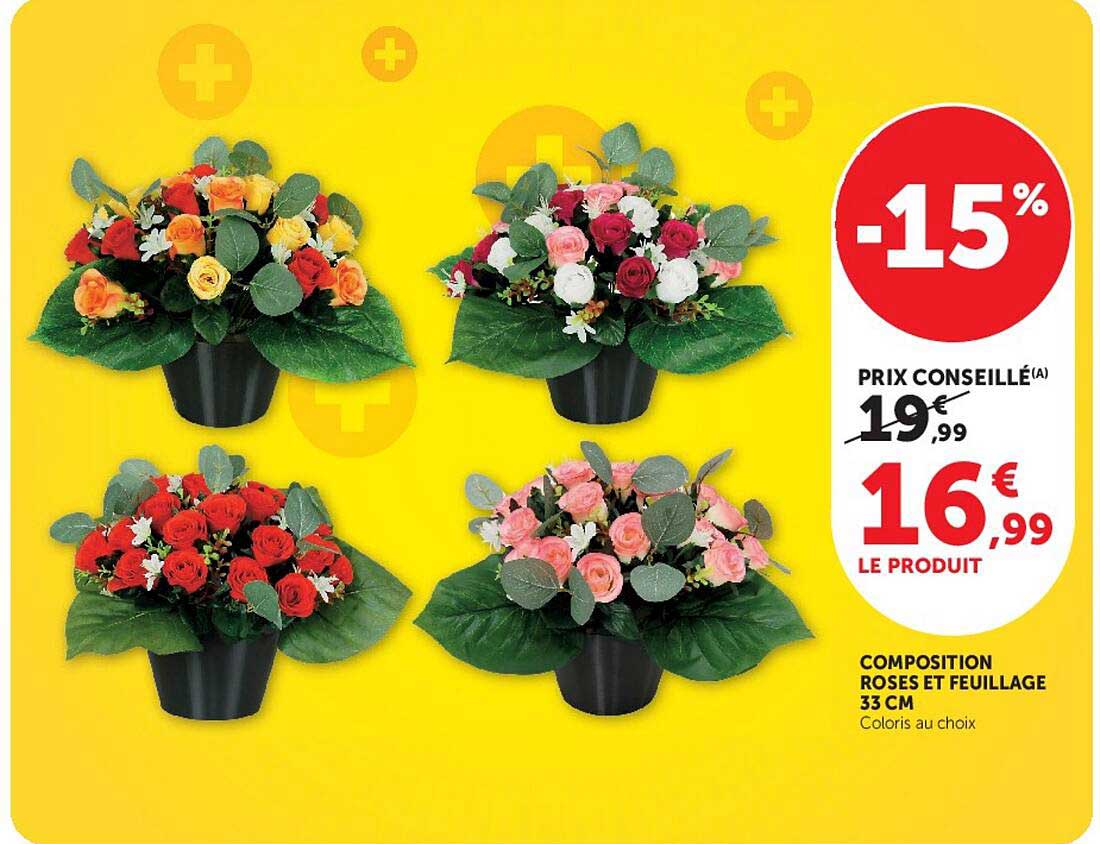 COMPOSITION ROSES ET FEUILLAGE 33 CM