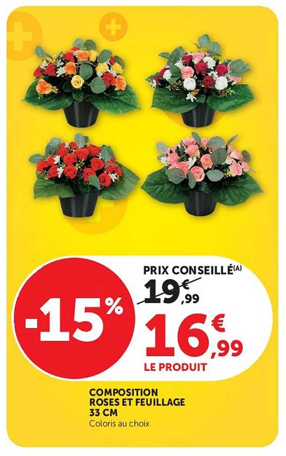 COMPOSITION ROSES ET FEUILLAGE 33 CM