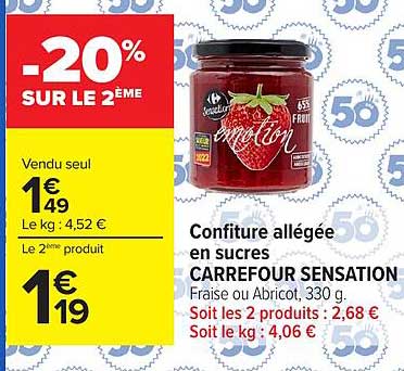 Confiture allégée en sucres CARREFOUR SENSATION Fraise ou Abricot, 330 g.