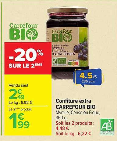 Confiture extra CARREFOUR BIO Myrtille, Cerise ou Figue, 360 g.