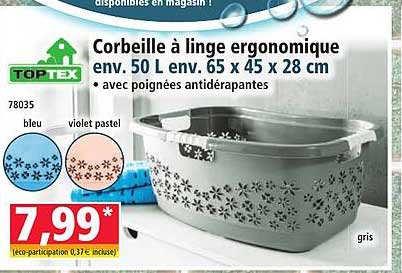 Corbeille à linge ergonomique env. 50 L env. 65 x 45 x 28 cm avec poignées antidérapantes