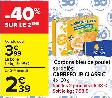Cordons bleu de poulet surgelés CARREFOUR CLASSIC'