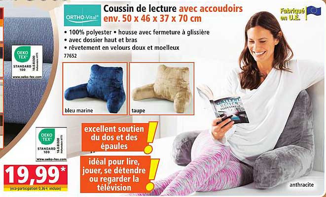 Coussin de lecture avec accoudoirs env. 50 x 46 x 37 x 70 cm