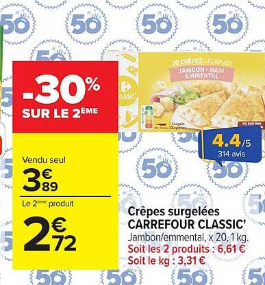 Crêpes surgelées CARREFOUR CLASSIC' jambon/emmental x 20,1 Kg
