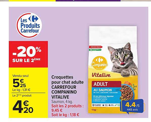 Croquettes pour chat adulte CARREFOUR COMPANINO VITALIVE Saumon, 4 kg