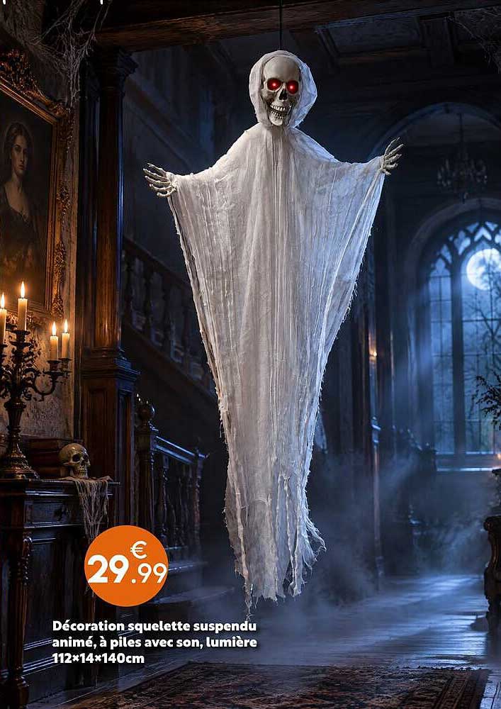 Décoration squelette suspendu animé, à piles avec son, lumière 112×14×140cm