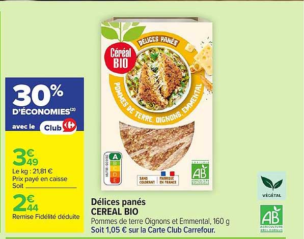 Délices panés CEREAL BIO Pommes de terre Oignons et Emmental, 160 g