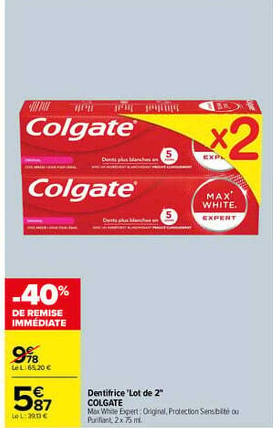 Dentifrice "Lot de 2" COLGATE Max White Expert, Original, Protection Sensibilité ou Purifiant, 2 x 75 ml