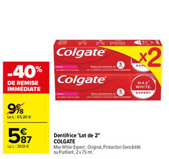 Dentifrice "Lot de 2" COLGATE Max White Expert : Original, Protection Sensibilité ou Purifiant, 2 x 75 ml.