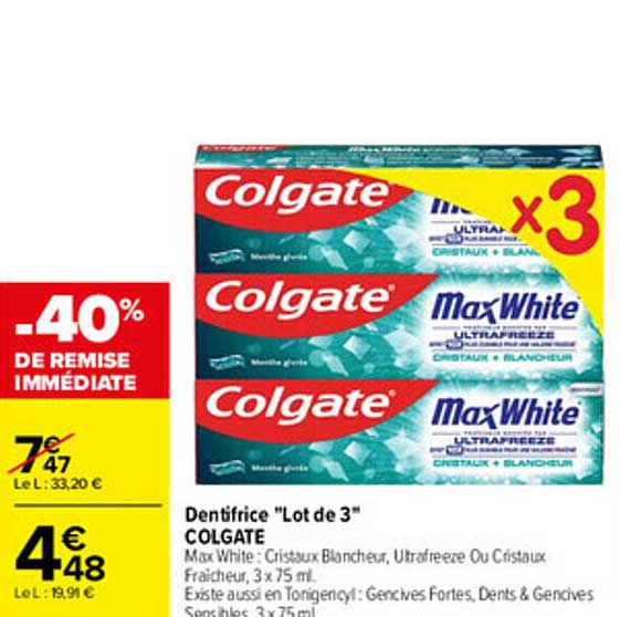 Dentifrice "Lot de 3" COLGATE Max White : Cristaux Blancheur, Ultrafreeze Ou Cristaux Fraîcheur, 3 x 75 ml