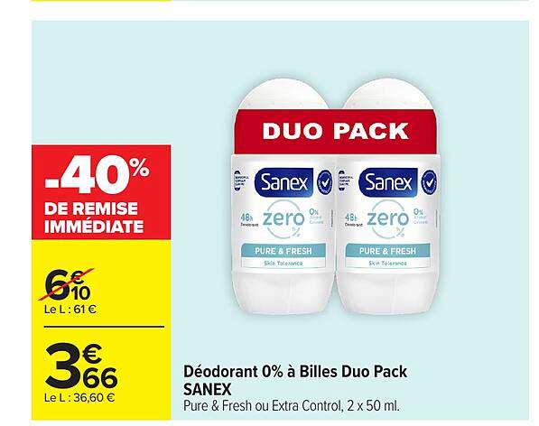 Déodorant 0% à Billes Duo Pack SANEX Pure & Fresh ou Extra Control, 2 x 50 ml