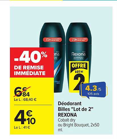 Déodorant Billes "Lot de 2" REXONA Cobalt dry ou Bright Bouquet, 2x50 ml.