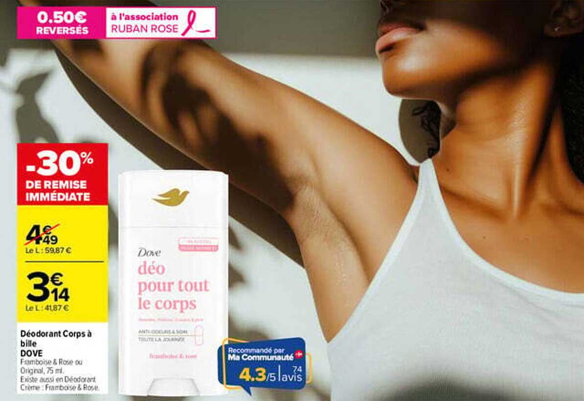 Déodorant Corps à bille DOVE Framboise & Rose ou Original, 75 ml