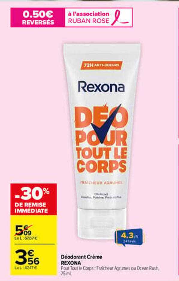 Déodorant Crème REXONA Pour Tout le Corps : Fraîcheur Agrumes ou Ocean Rush, 75 ml