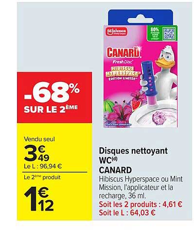 Disques nettoyant WC(d) CANARD Hibiscus Hyperspace ou Mint Mission, l'applicateur et la recharge, 36 ml.