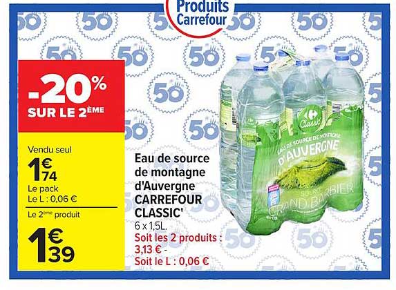 Eau de source de montagne d'Auvergne CARREFOUR CLASSIC'