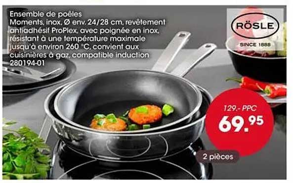 Ensemble de poêles Moments, inox, Ø env. 24/28 cm, revêtement antiadhésif ProPlex, avec poignée en inox, résistant à une température maximale jusqu’à environ 260° C, convient aux cuisinières à gaz, compatible induction 280194-01