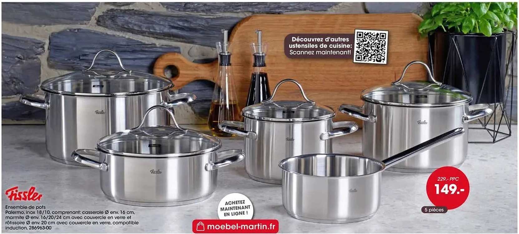 Ensemble de pots Palermo, inox 18/10, comprenant: casserole Ø env. 16 cm, marmite Ø env. 16/20/24 cm avec couvercle en verre et rôtissoire Ø env. 20 cm avec couvercle en verre, compatible induction, 286963-00