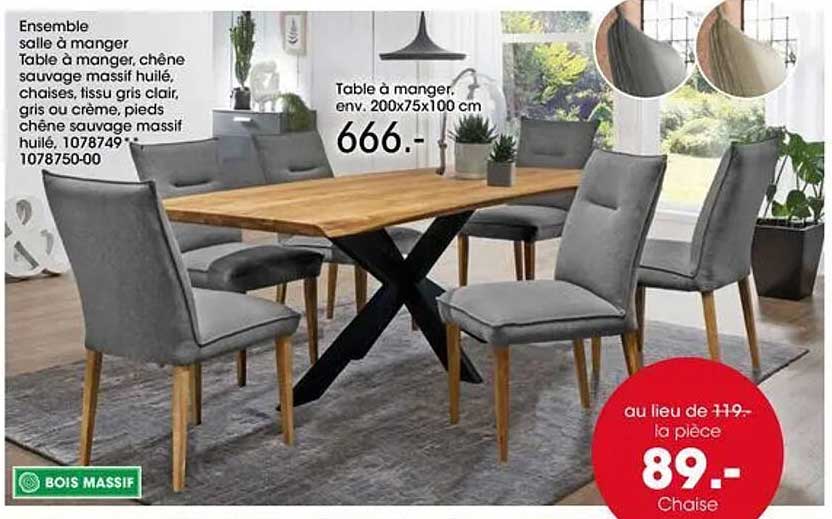 Ensemble salle à manger Table à manger, chêne sauvage massif huilé, chaises, tissu gris clair, gris ou crème, pieds chêne sauvage massif huilé, 1078479*1 1078750-00