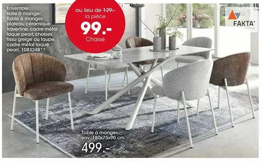 Ensemble salle à manger. Table à manger, plateau céramique traversante, cadre métal laqué pearl, chaises, tissu gris taupe, cadre métal laqué pearl. 1083248