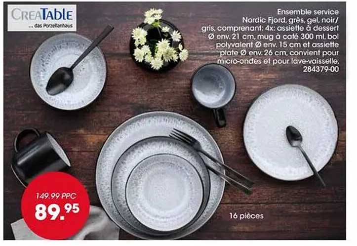 Ensemble service Nordic Fjord, grès, gel, noir / gris, comprenant: 4x assiette à dessert Ø env. 21 cm, mug à café 300 ml, bol polyvalent Ø env. 15 cm et assiette plate Ø env. 26 cm, convient pour micro-ondes et pour lave-vaisselle, 284379-00