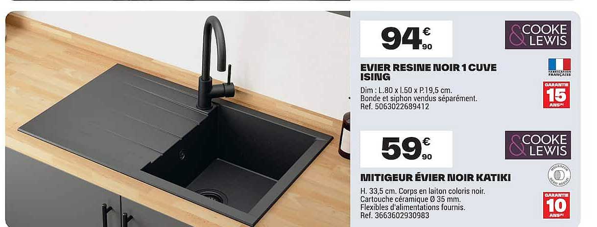 EVIER RESINE NOIR 1 CUVES ISING