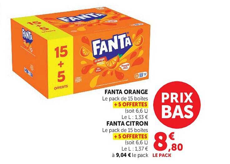 FANTA ORANGE Le pack de 15 boîtes + 5 OFFERTEs (soit 6,6 L) Le L : 1,33 €