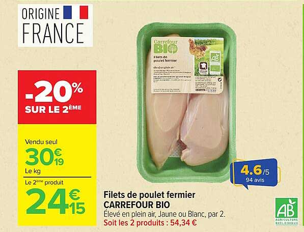 Filets de poulet fermier CARREFOUR BIO