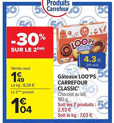 Gâteaux LOOPS CARREFOUR CLASSIC’ chocolat au lait, 180 g