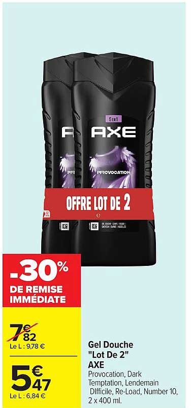 Gel Douche "Lot De 2" AXE Provocation, Dark Temptation, Difficulté, Re-Load, Number 10, 2 x 400 ml.