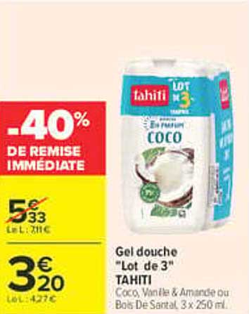 Gel douche "Lot de 3" TAHITI Coco, Vanille & Amande ou Bois de Santal 3x250 ml