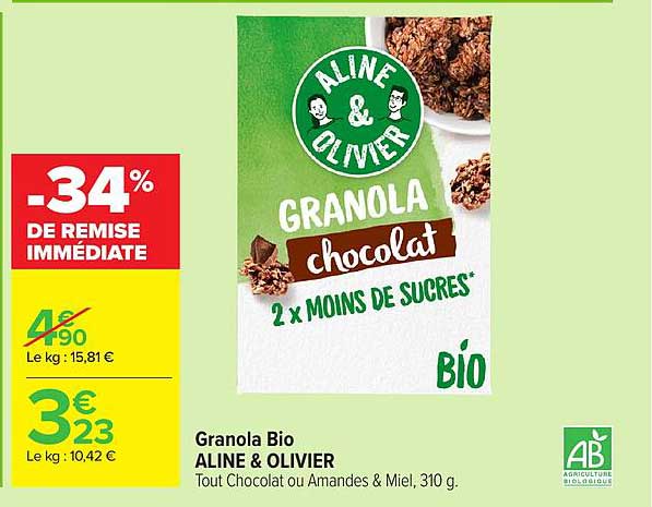 Granola Bio ALINE & OLIVIER Tout Chocolat ou Amandes & Miel, 310 g.
