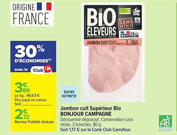 Jambon cuit Supérieur Bio BONJOUR CAMPAGNE