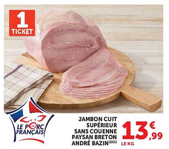 JAMBON CUIT SUPÉRIEUR SANS COUENNE PAYSAN BRETON ANDRÉ BAZIN