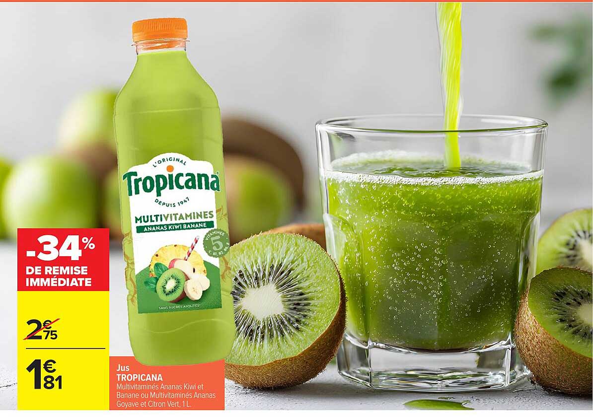 Jus TROPICANA Multivitaminés Ananas Kiwi et Banane ou Multivitaminés Ananas Goyave et Citron Vert, 1L