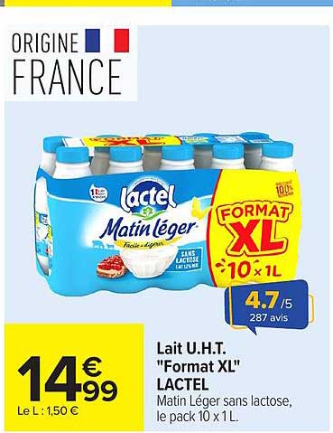 Lait U.H.T. "Format XL" LACTEL Matin Léger sans lactose, le pack 10 x 1 L.
