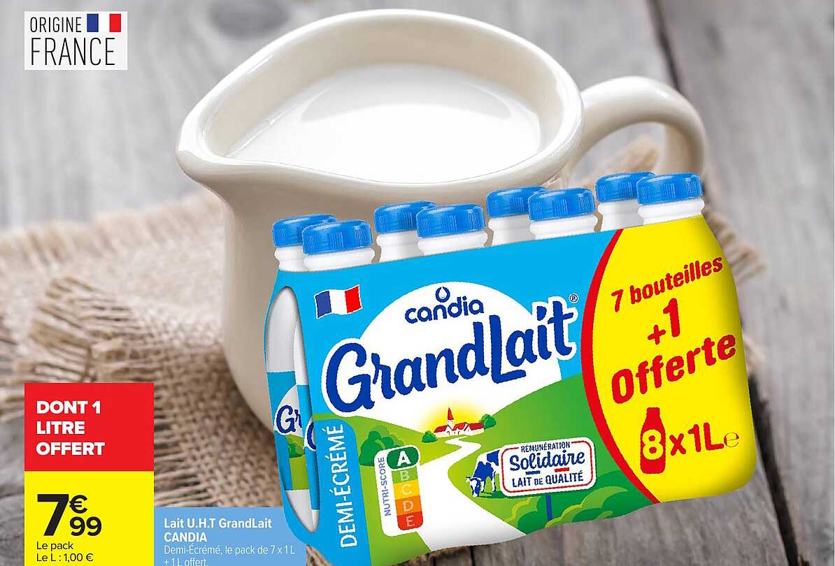 Lait U.H.T GrandLait CANDIA Demi-Écrémé