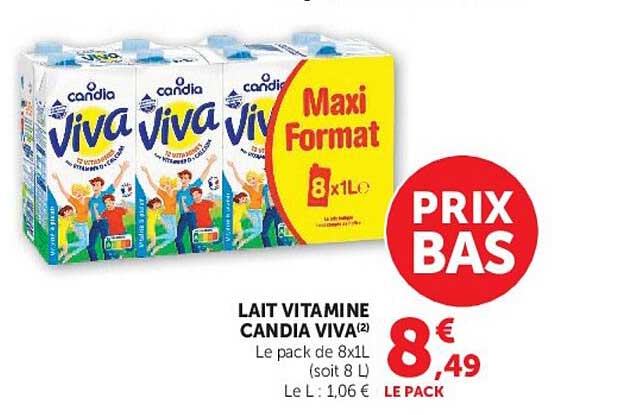LAIT VITAMINE CANDIA VIVA(2) Le pack de 8x1L (soit 8 L)