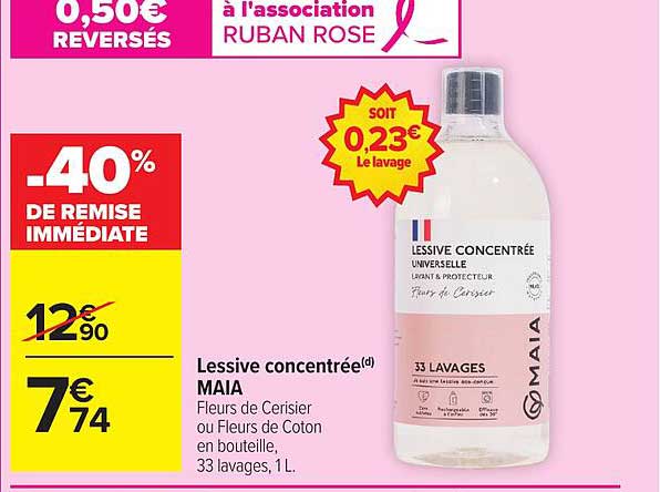 Lessive concentrée MAIA Fleurs de Cerisier ou Fleurs de Coton en bouteille, 33 lavages, 1 L.