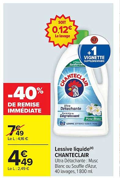 Lessive liquide CHANTECLAIR Ultra Détachante : Musc Blanc ou Souffle d'Azur, 40 lavages, 1800 ml.