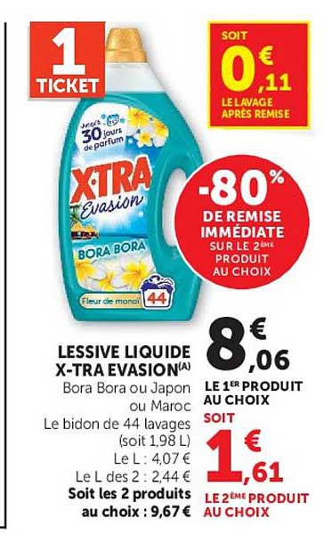 LESSIVE LIQUIDE X-TRA EVASION (A) Bora Bora ou Japon Le bidon de 44 lavages (soit 1,98 L)