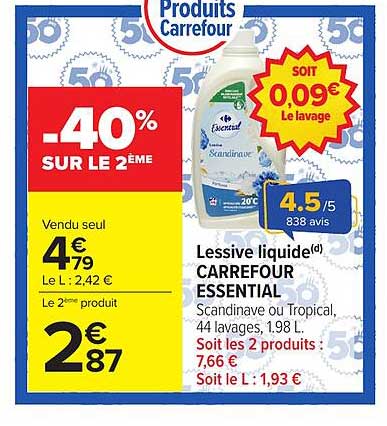 Lessive liquide(d) CARREFOUR ESSENTIAL Scandinav ou Tropical, 44 lavages, 1,98 L.