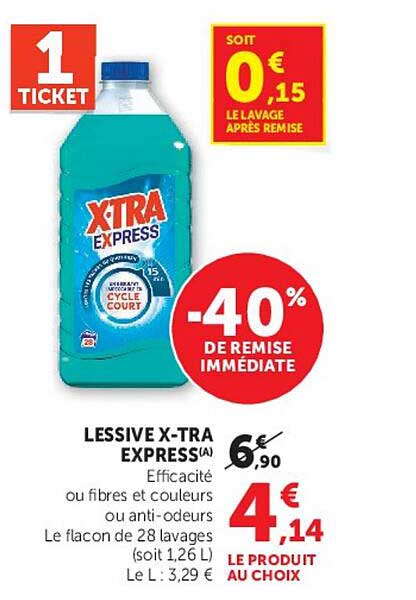 LESSIVE X-TRA EXPRESS(A) Efficacité ou fibres et couleurs ou anti-odeurs Le flacon de 28 lavages (soit 1,26 L) Le L : 3,29 €