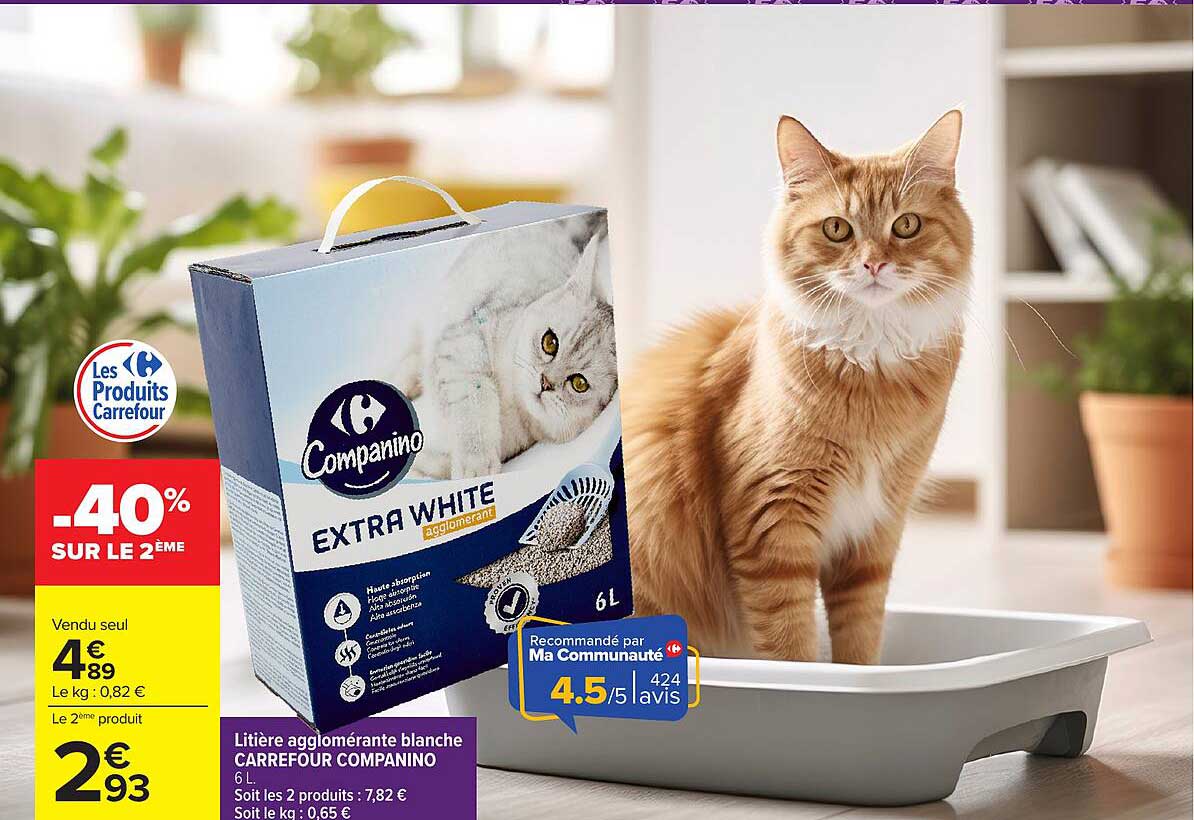 Litière agglomérante blanche CARREFOUR COMPANINO 6 L