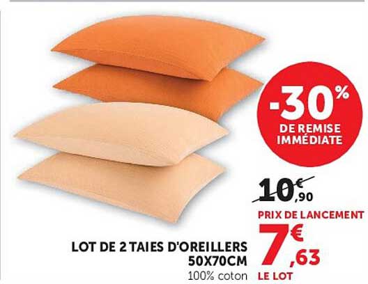 LOT DE 2 TAIES D'OREILLERS 50X70CM 100% coton