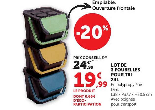 LOT DE 3 POUBELLES POUR TRI 24L