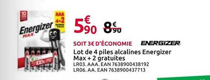 Lot de 4 piles alcalines Energizer Max + 2 gratuites