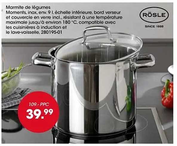 Marmite de légumes Moments, inox, env. 9 l, échelle intérieure, bord verseur et couvercle en verre incl. résistant à une température maximale jusqu’à environ 180 °C, compatible avec les cuisinières à induction et le lave-vaisselle, 280195-01